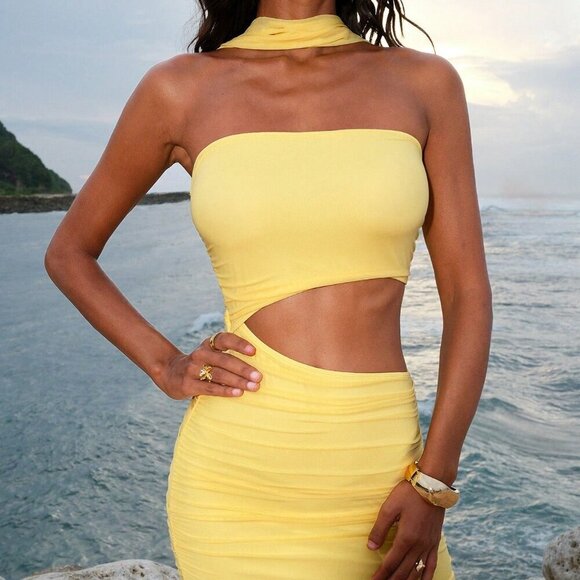 Yellow Women's Beach Sexy Elegant Wedding Maxi Dress w/scarf - Picture 6 of 7